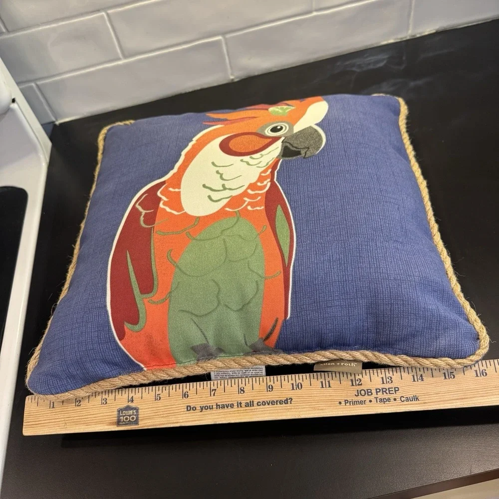 Parrot Outdoor Pillow by‎ Allen & Roth 16x16 Blue with Rope Trim Tropical Bird